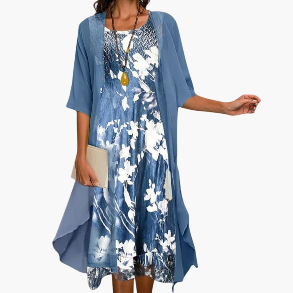 Watercolour Floral Midi Dress Chiffon Jacket Two Piece Set