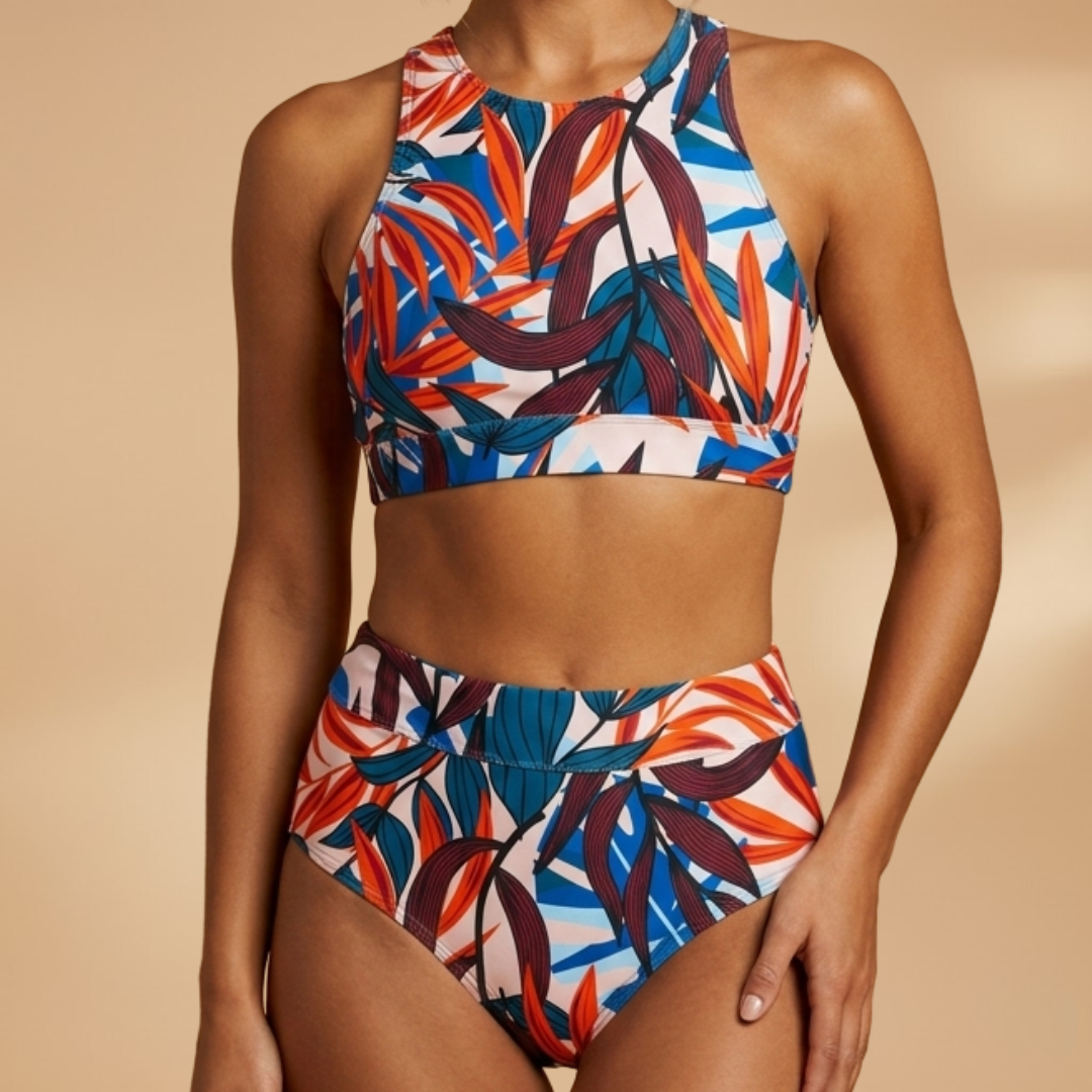 Tropical Print High Neck High Waist Two Piece Bikini