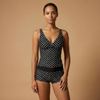 Polka Dot V Neck Ruched Tankini Two Piece Swimsuit