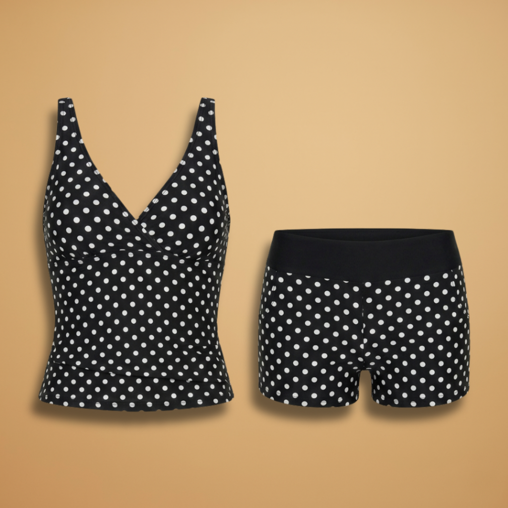 Polka Dot V Neck Ruched Tankini Two Piece Swimsuit