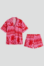 Tropical Print Camp Collar Short Sleeve Linen Shirt and Shorts Set