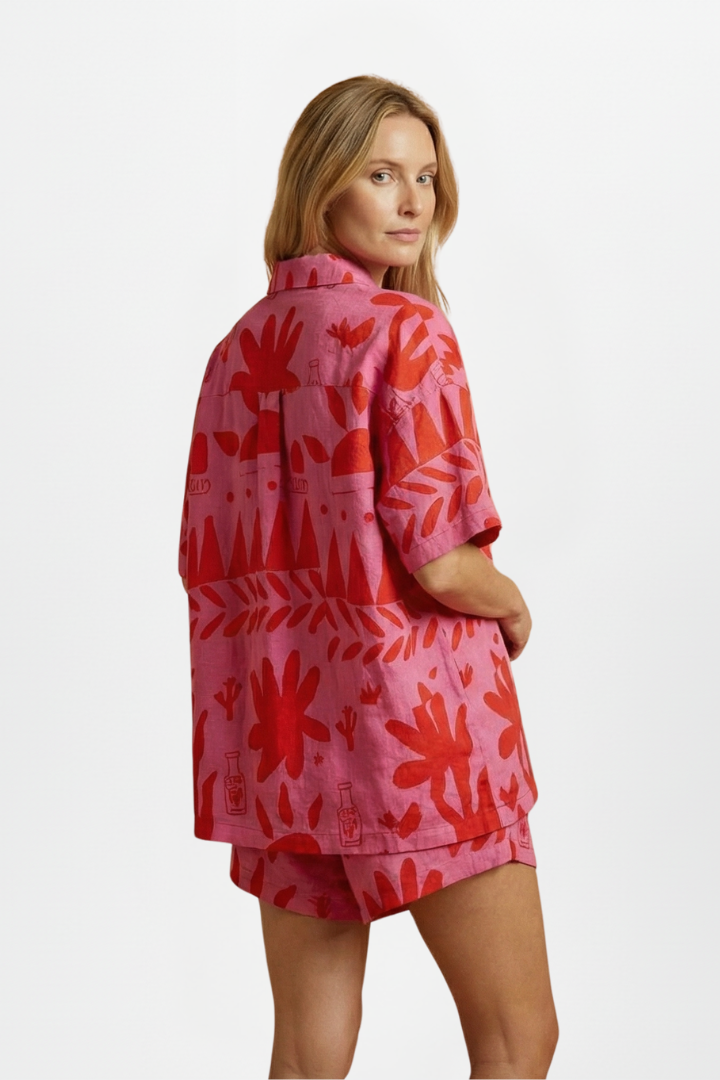 Tropical Print Camp Collar Short Sleeve Linen Shirt and Shorts Set