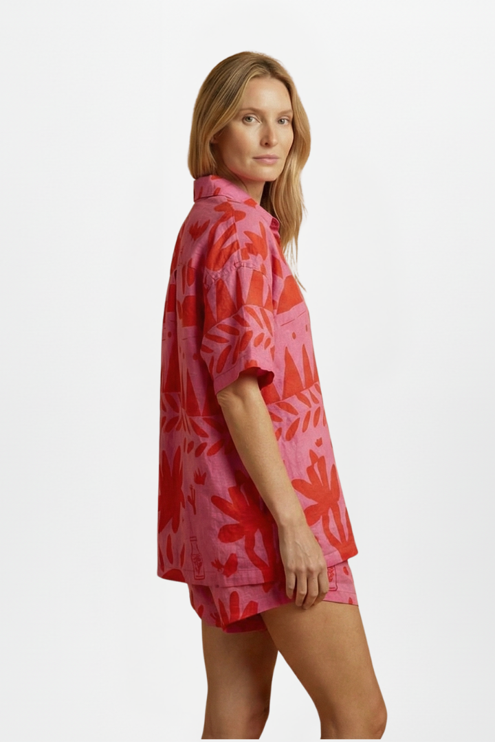 Tropical Print Camp Collar Short Sleeve Linen Shirt and Shorts Set