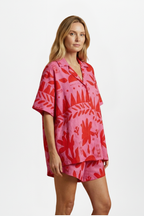 Tropical Print Camp Collar Short Sleeve Linen Shirt and Shorts Set