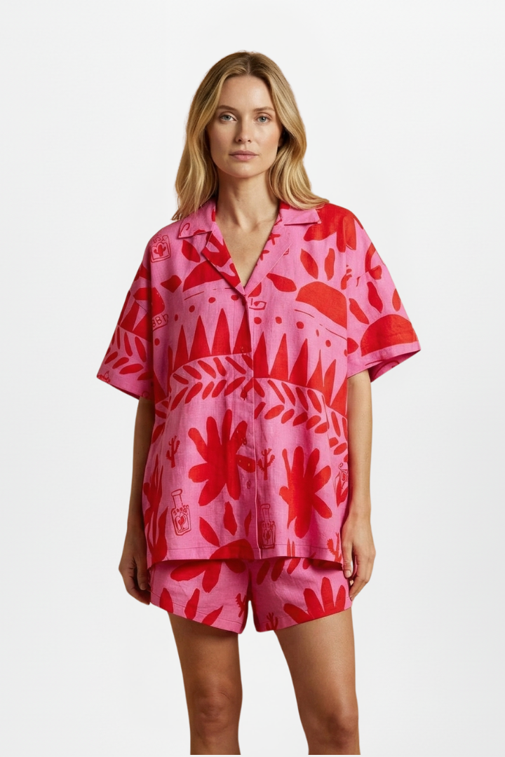 Tropical Print Camp Collar Short Sleeve Linen Shirt and Shorts Set