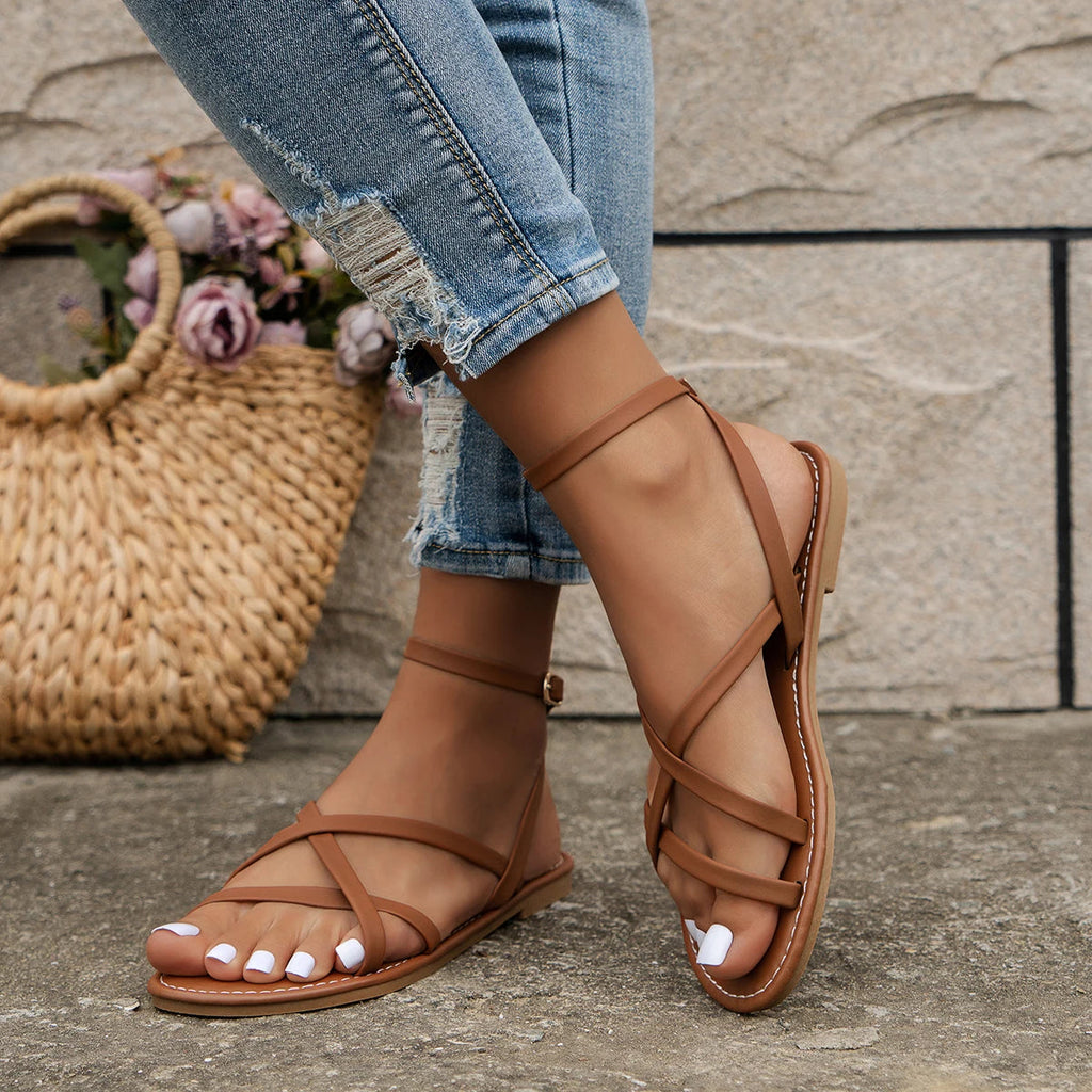 Crossover Toe Loop Ankle Strap Flat Sandals