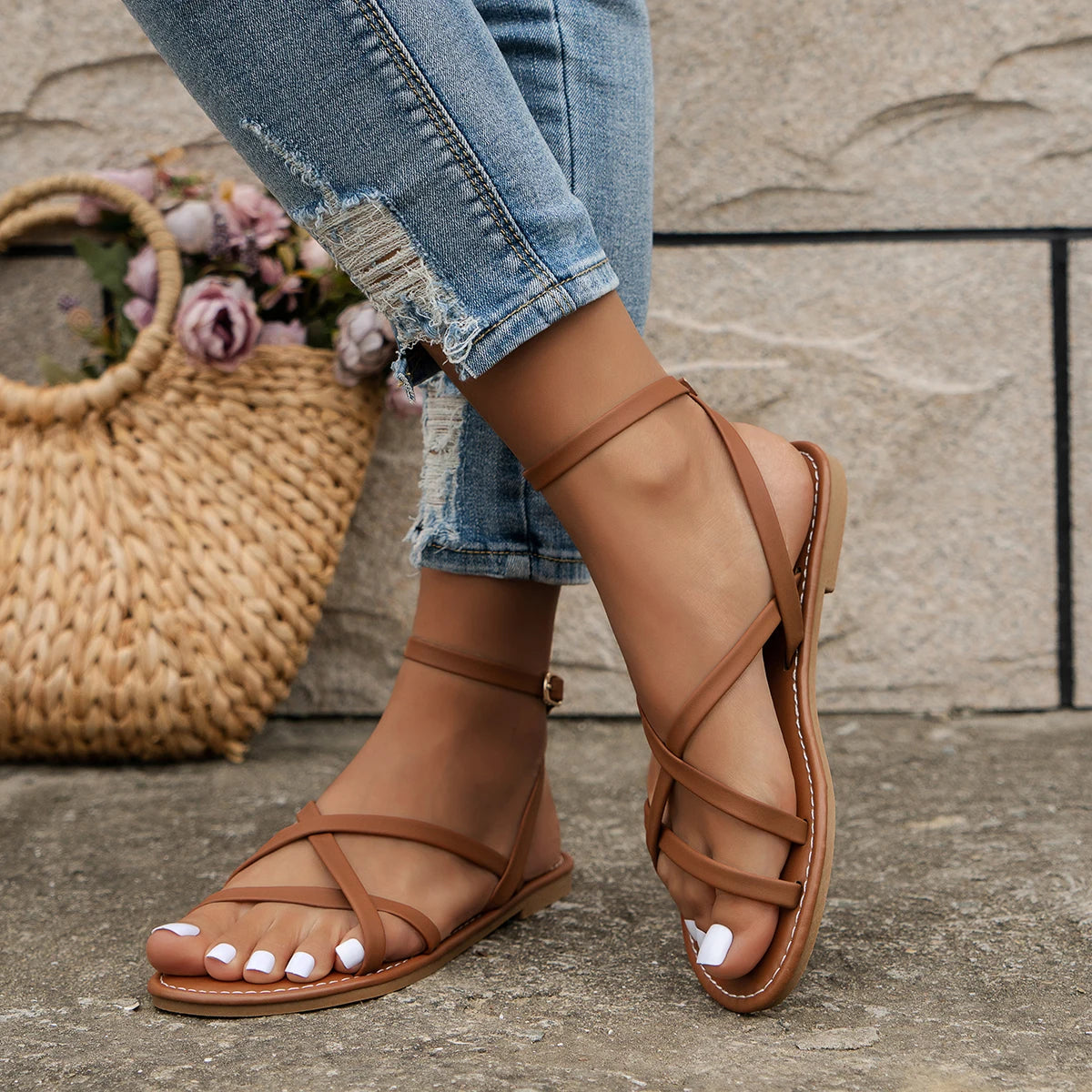 Crossover Toe Loop Ankle Strap Flat Sandals
