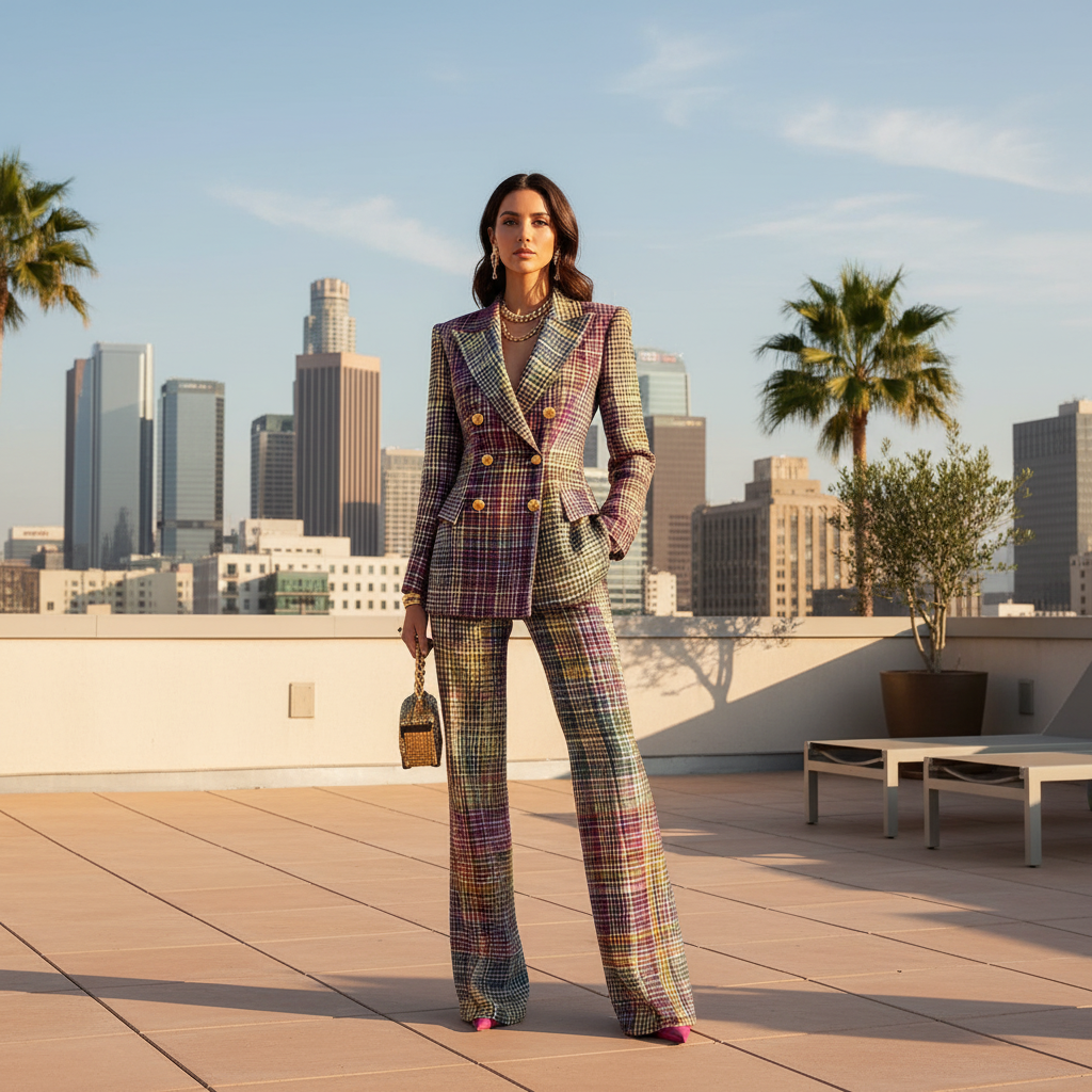 Multicolour Plaid Double Breasted Blazer Wide Leg Trouser Set