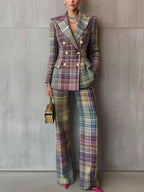 Multicolour Plaid Double Breasted Blazer Wide Leg Trouser Set