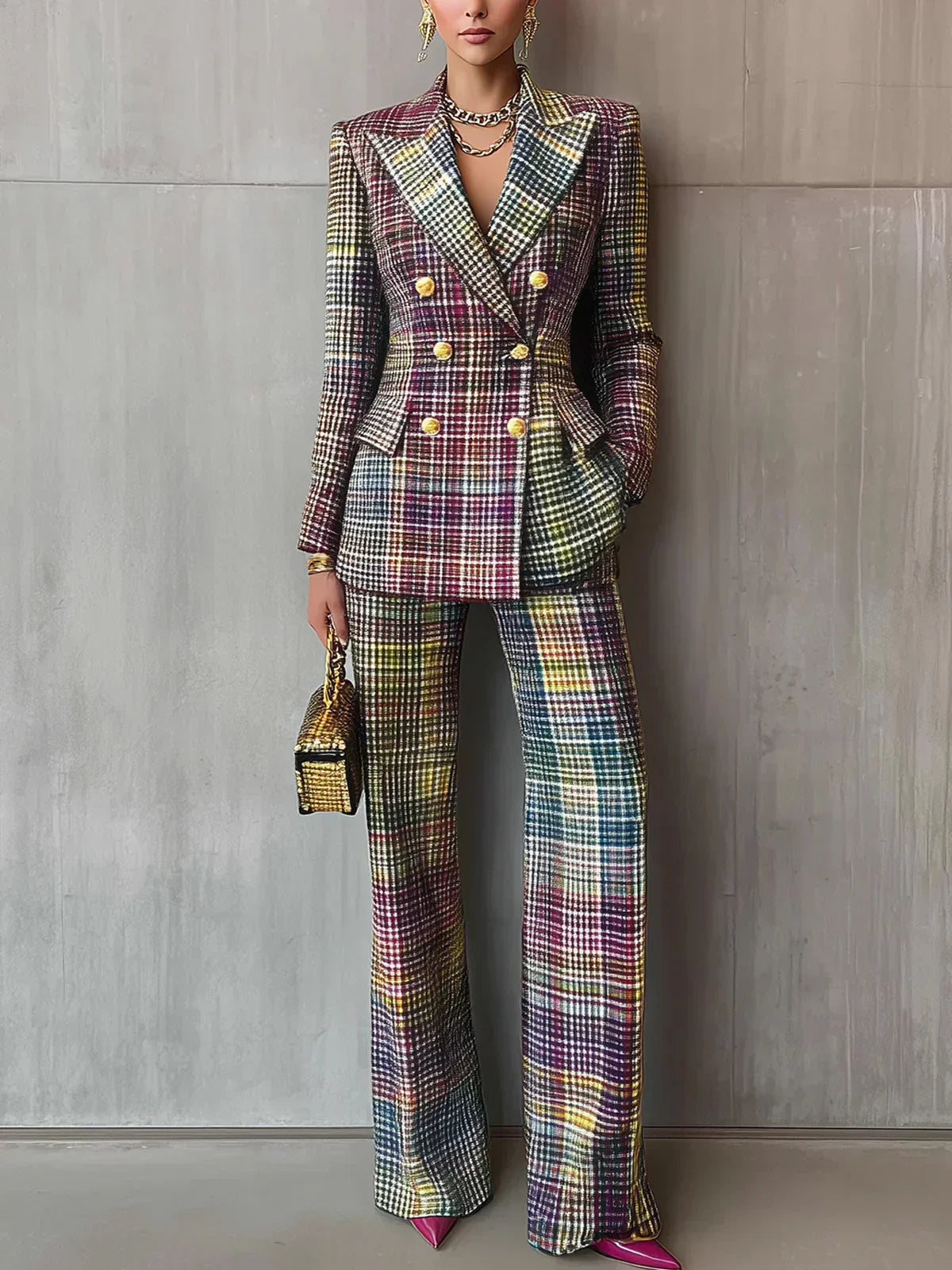 Multicolour Plaid Double Breasted Blazer Wide Leg Trouser Set