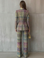 Multicolour Plaid Double Breasted Blazer Wide Leg Trouser Set