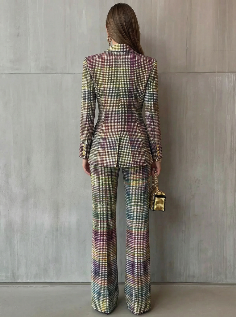Multicolour Plaid Double Breasted Blazer Wide Leg Trouser Set