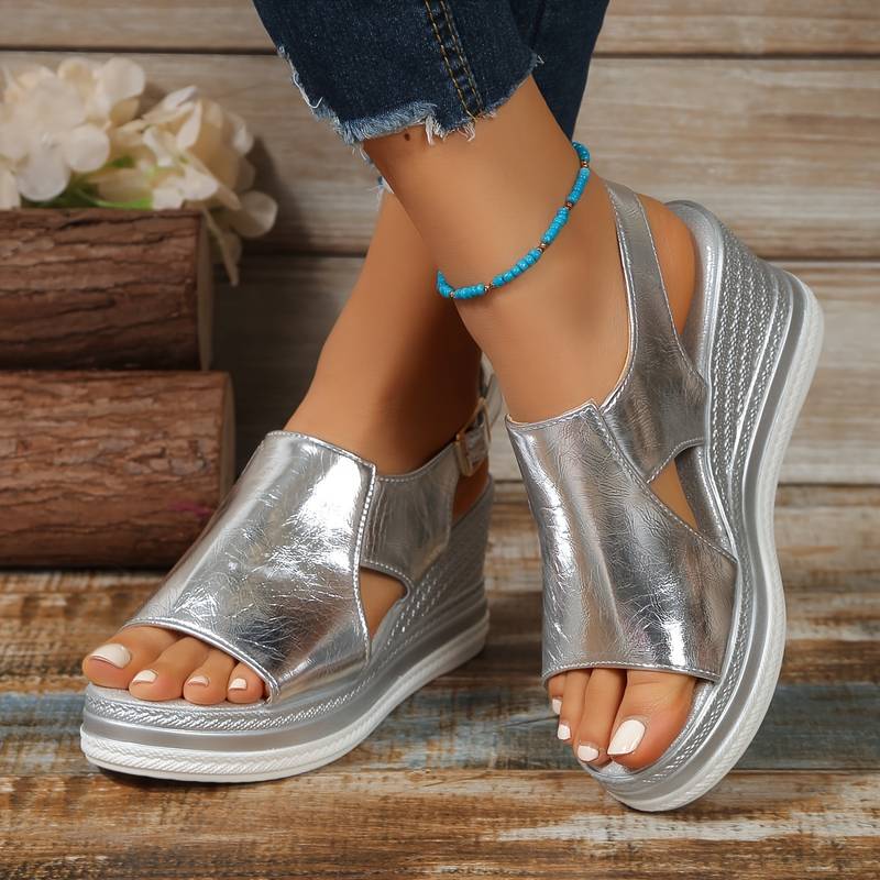 Metallic Cut Out Hook Loop Platform Wedge Sandal