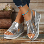 Metallic Cut Out Hook Loop Platform Wedge Sandal