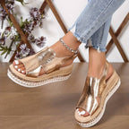 Metallic Cut Out Hook Loop Platform Wedge Sandal