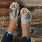 Metallic Cut Out Hook Loop Platform Wedge Sandal