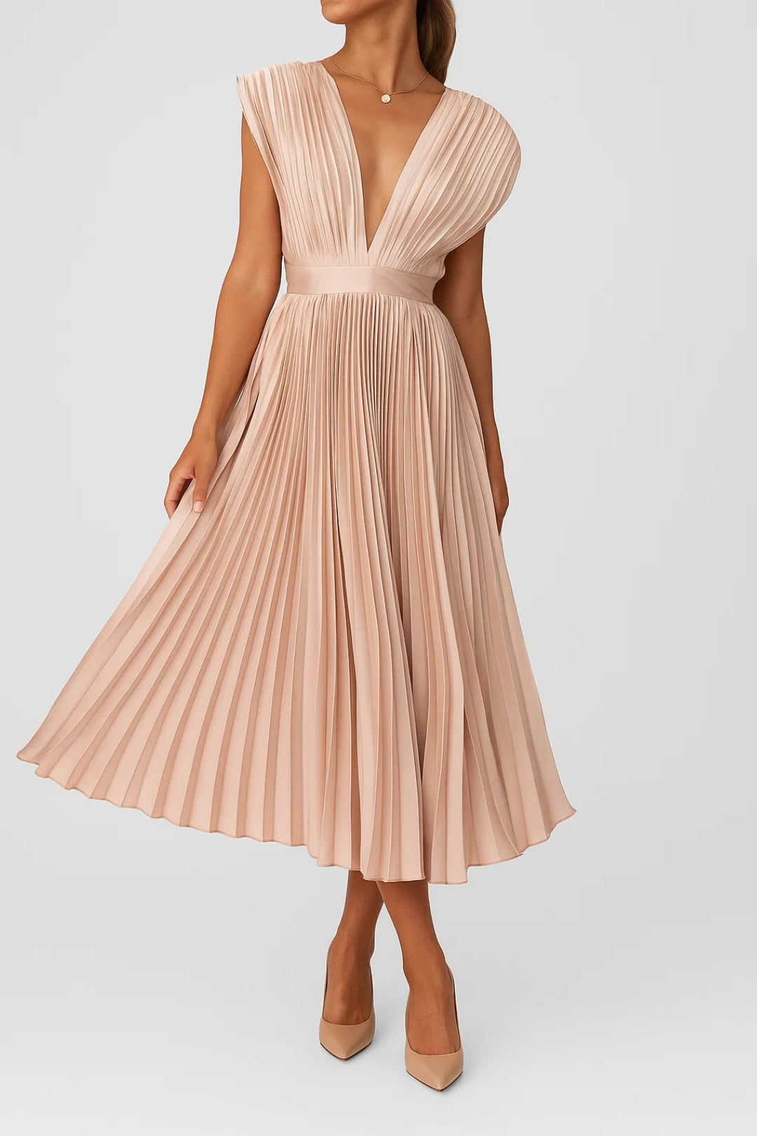 Pleated Deep V-Neck Satin Midi Dress - Wedding Guest