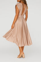Pleated Deep V-Neck Satin Midi Dress - Wedding Guest