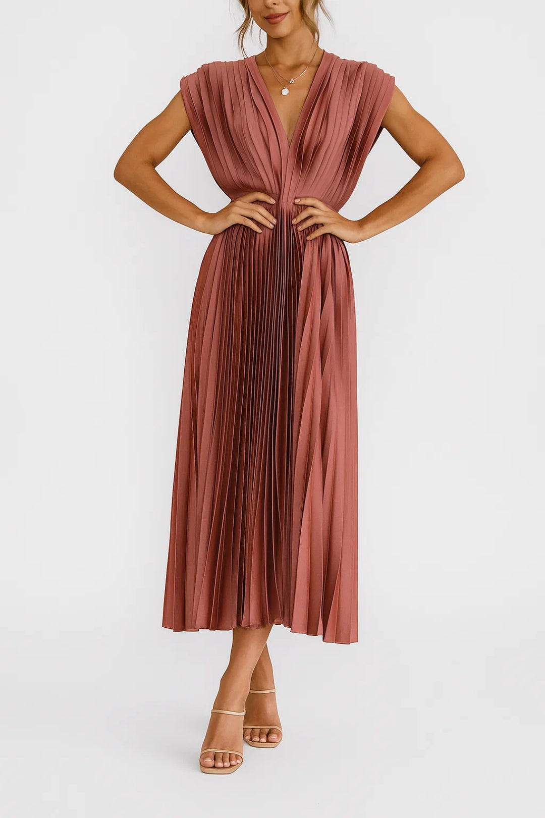 Pleated Deep V-Neck Satin Midi Dress - Wedding Guest