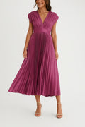Pleated Deep V-Neck Satin Midi Dress - Wedding Guest