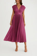 Pleated Deep V-Neck Satin Midi Dress - Wedding Guest