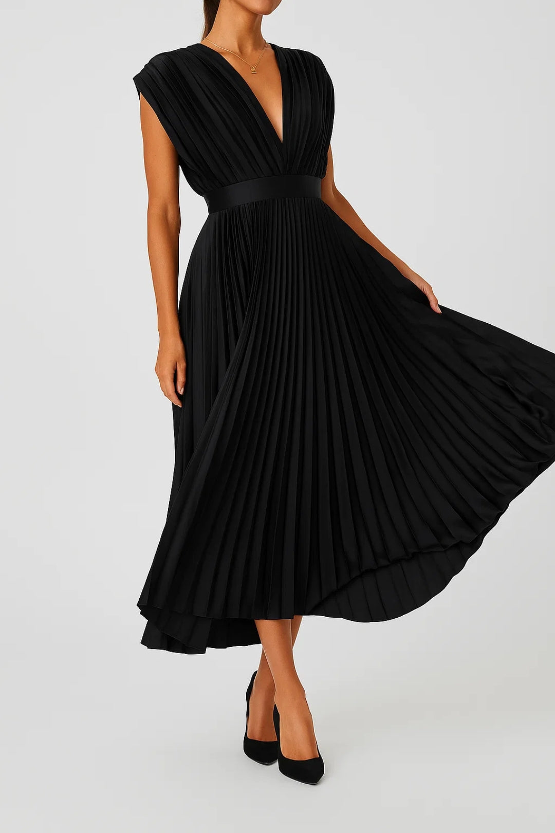 Pleated Deep V-Neck Satin Midi Dress - Wedding Guest