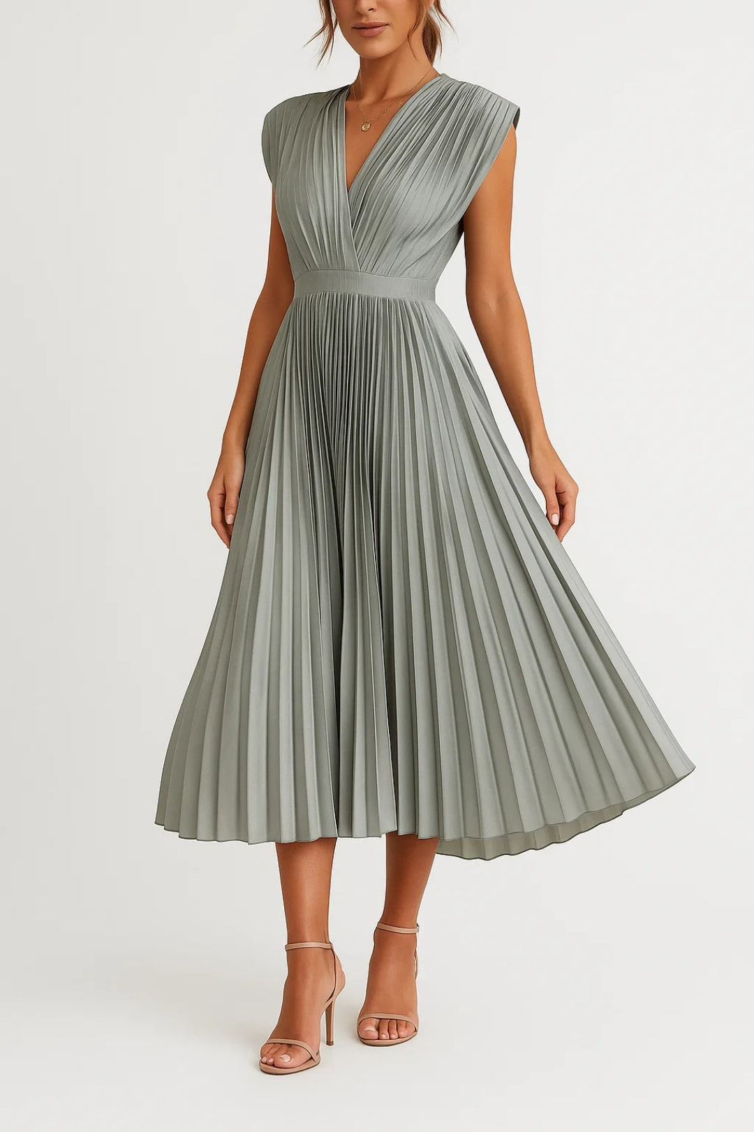 Pleated Deep V-Neck Satin Midi Dress - Wedding Guest