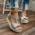 Metal Ring Elastic Strap Espadrille Wedge Sandal