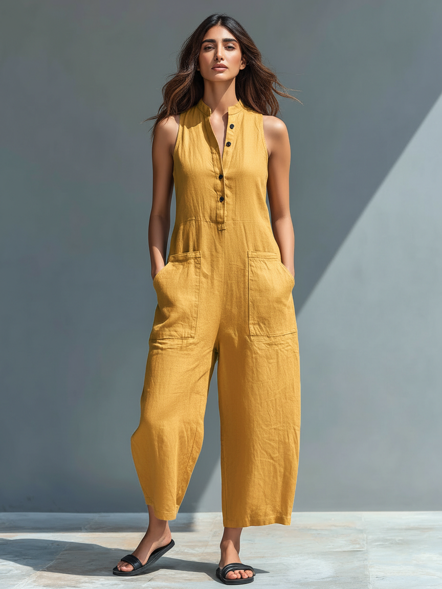 Button Placket Sleeveless Wide Leg Casual Linen Jumpsuit