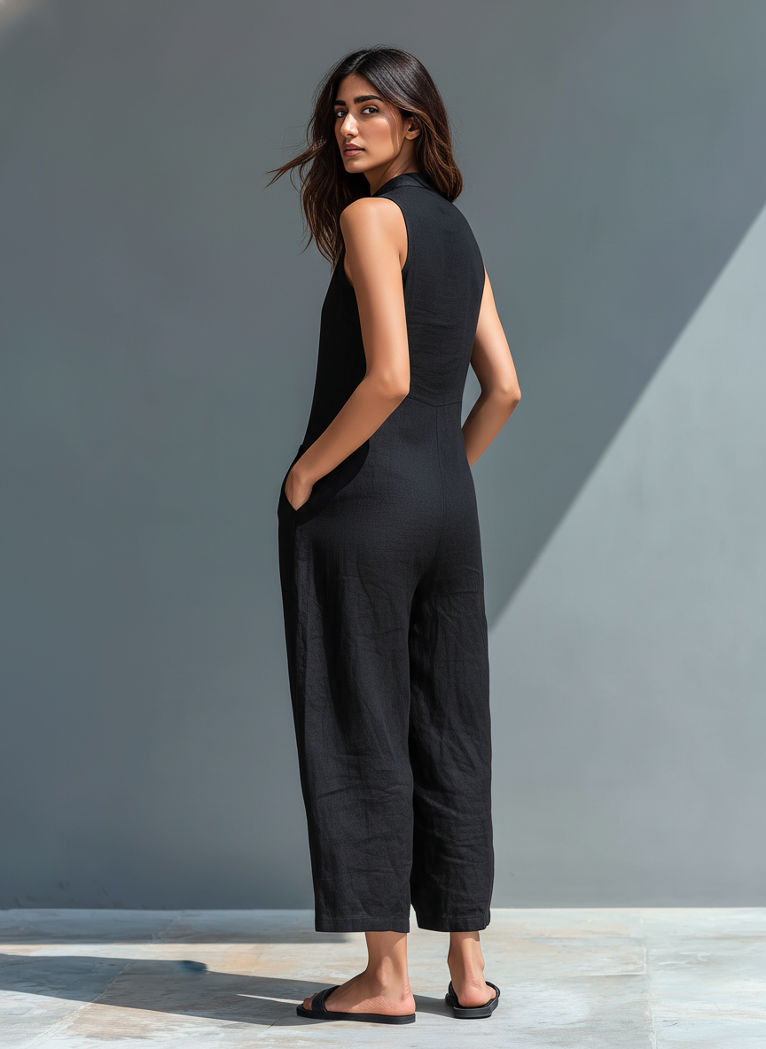 Button Placket Sleeveless Wide Leg Casual Linen Jumpsuit