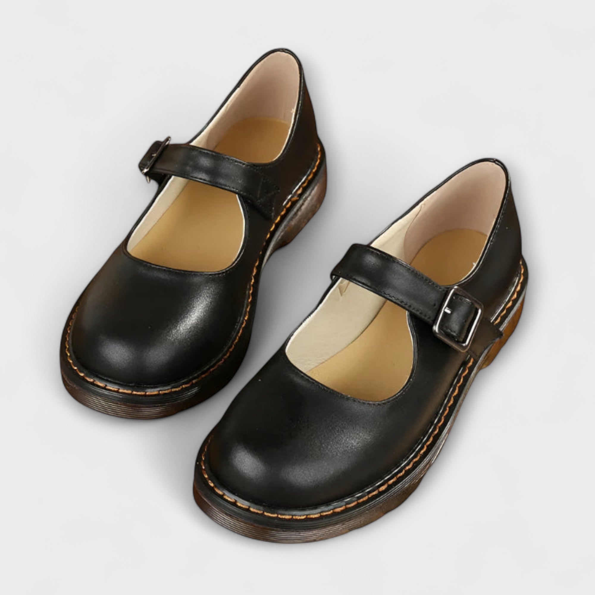 Chunky Sole Leather Buckle Strap Mary Jane Flats