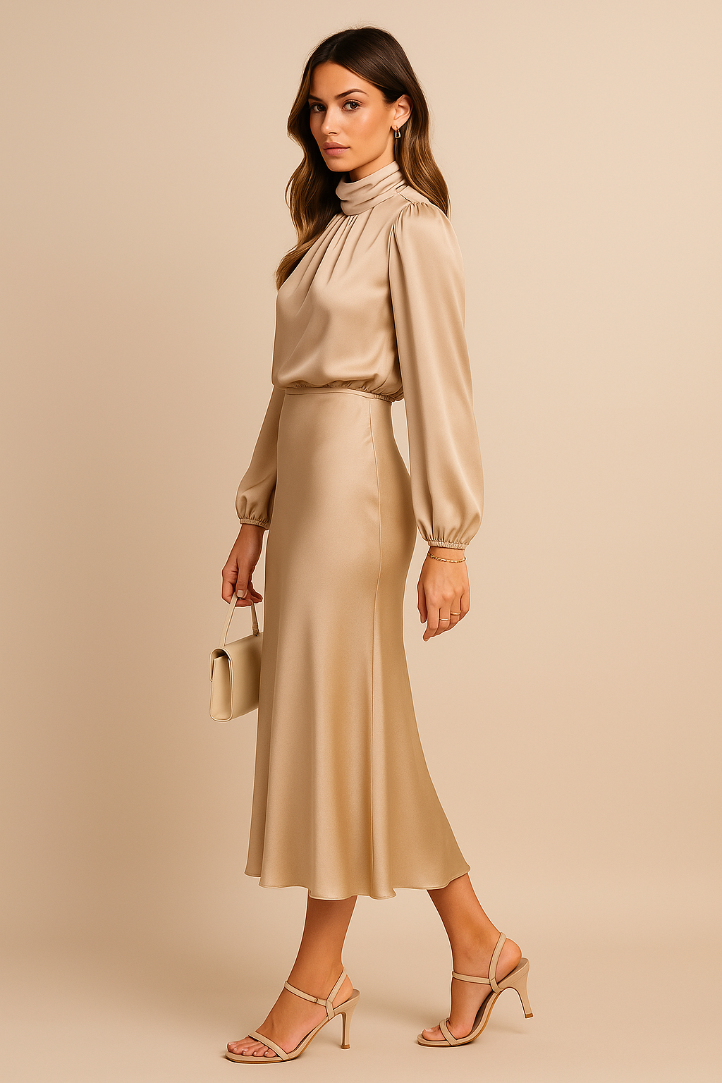 Satin High Neck Bishop Sleeve Midi Dress - Wedding Guest
