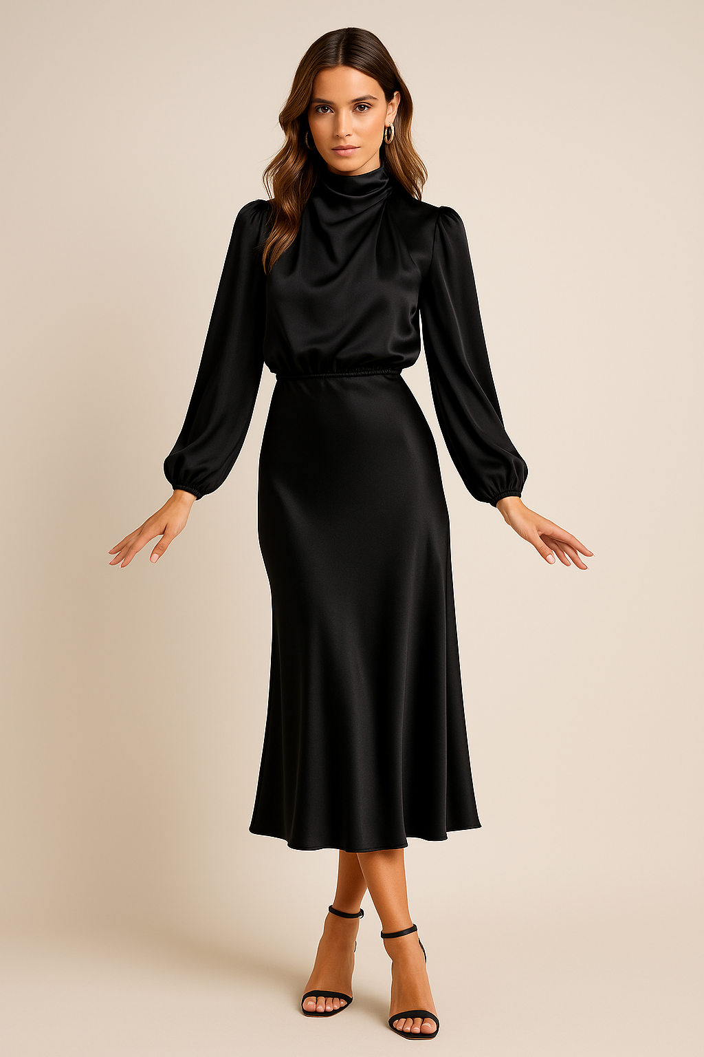 Satin High Neck Bishop Sleeve Midi Dress - Wedding Guest