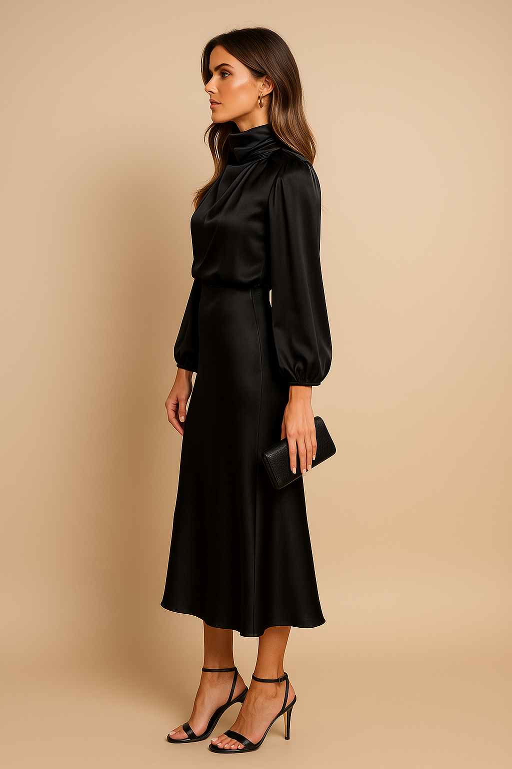 Satin High Neck Bishop Sleeve Midi Dress - Wedding Guest