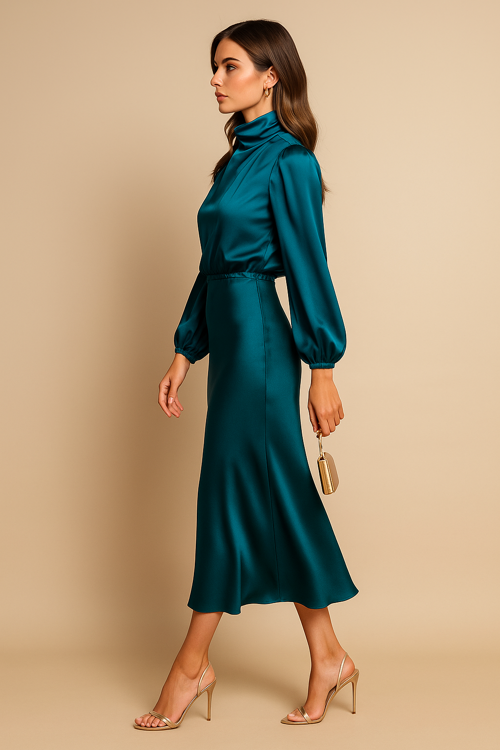 Satin High Neck Bishop Sleeve Midi Dress - Wedding Guest