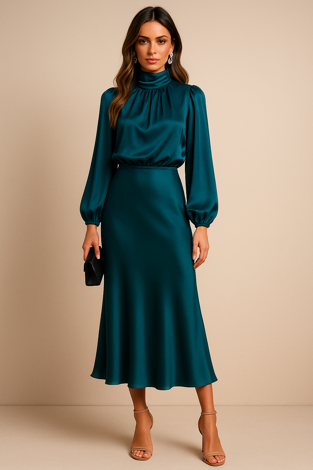 Satin High Neck Bishop Sleeve Midi Dress - Wedding Guest