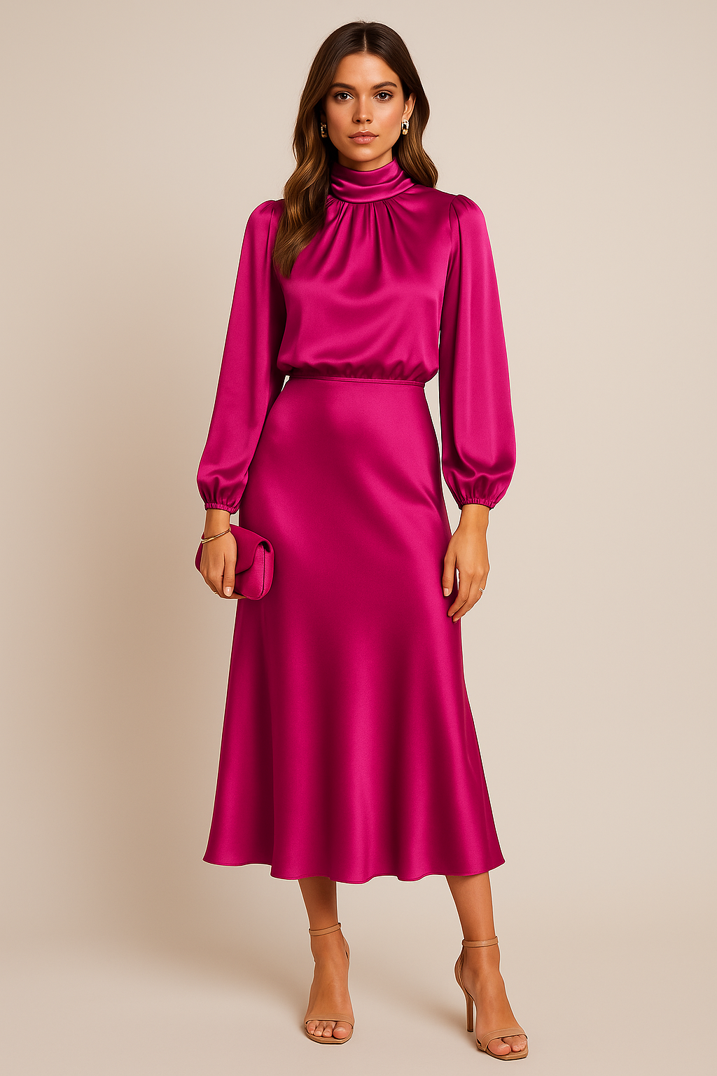Satin High Neck Bishop Sleeve Midi Dress - Wedding Guest