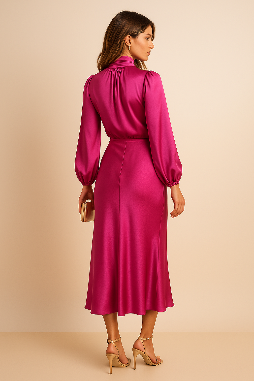 Satin High Neck Bishop Sleeve Midi Dress - Wedding Guest
