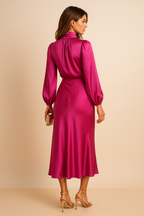 Satin High Neck Bishop Sleeve Midi Dress - Wedding Guest