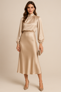 Satin High Neck Bishop Sleeve Midi Dress - Wedding Guest