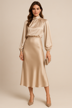 Satin High Neck Bishop Sleeve Midi Dress - Wedding Guest