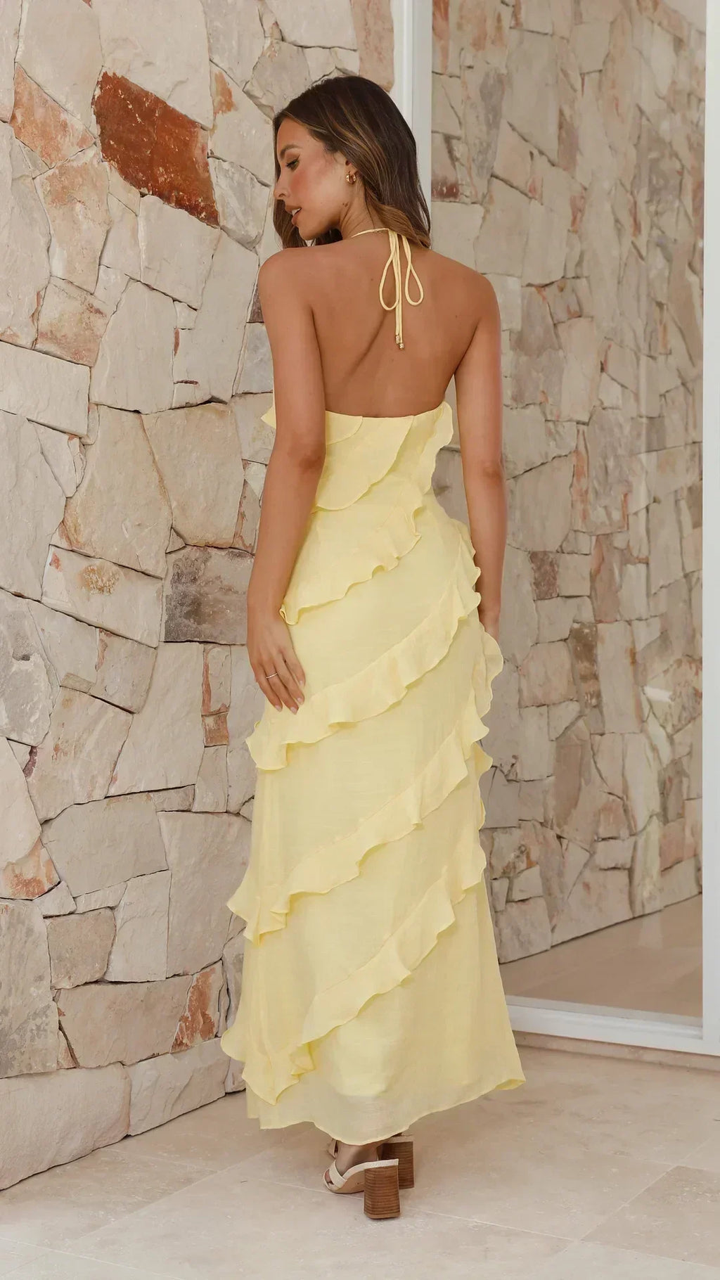 Tiered Ruffle Halter V Neck Flowy Maxi Dress