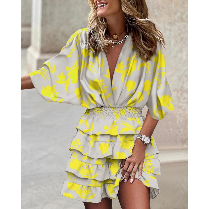 Abstract Print Smocked Waist Tiered Ruffle Mini Dresses