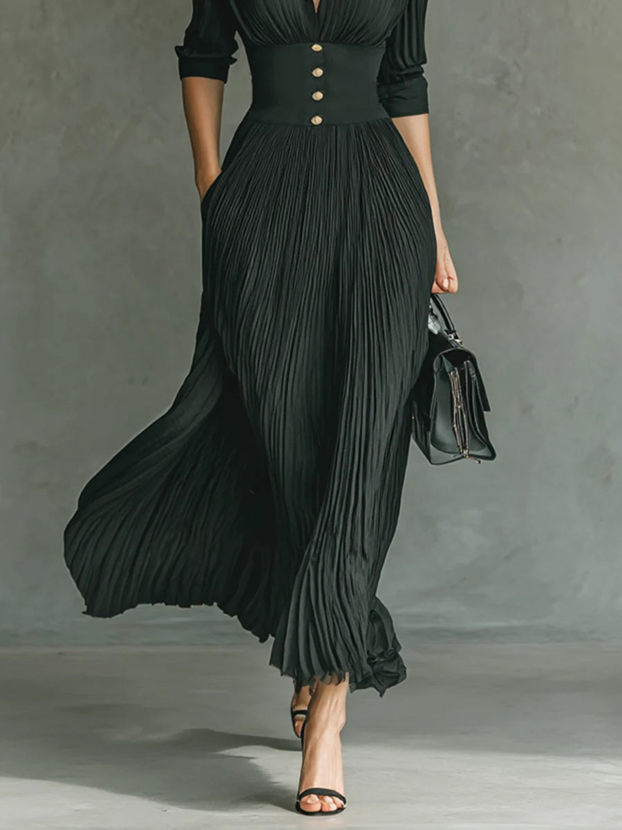 Pleated Ruched V Neck Gold Button Waist Flowy Maxi Dress - Formal Evening Gown