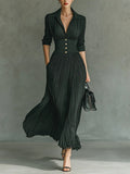 Pleated Ruched V Neck Gold Button Waist Flowy Maxi Dress - Formal Evening Gown