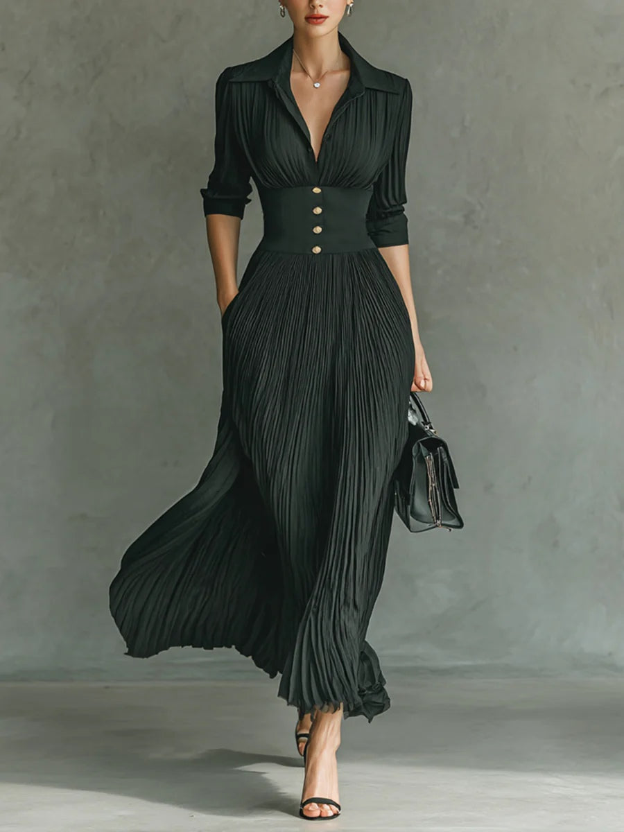 Pleated Ruched V Neck Gold Button Waist Flowy Maxi Dress - Formal Evening Gown