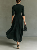Pleated Ruched V Neck Gold Button Waist Flowy Maxi Dress - Formal Evening Gown