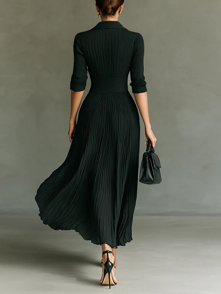 Pleated Ruched V Neck Gold Button Waist Flowy Maxi Dress - Formal Evening Gown
