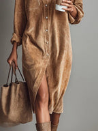 Corduroy Dual Pocket Button Down Long Sleeve Shirt Dress