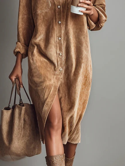 Corduroy Dual Pocket Button Down Long Sleeve Shirt Dress